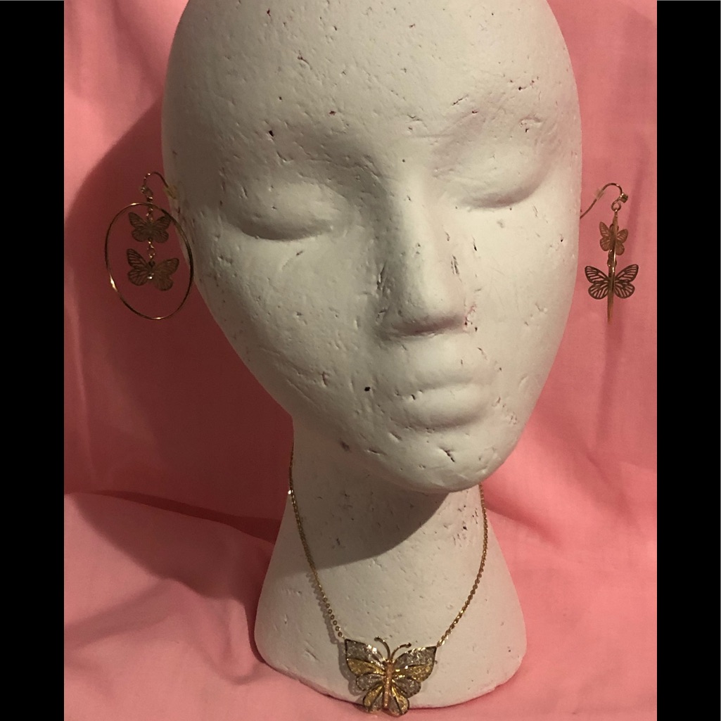Vintage Gold Butterfly Necklace/Hoop Earrings